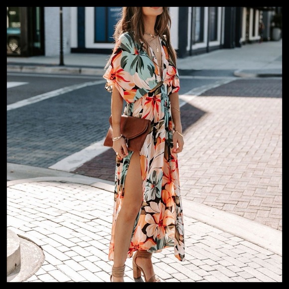 Floral Kimono Midi Dress With Slits - Picture 2 of 8